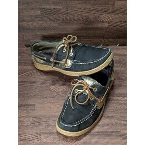 Sperry Top-Sider Angelfish Boat Shoes Gold Paisley Black Leather Women's SIZE 8